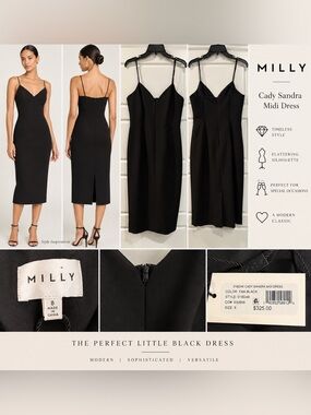NWT Milly Cady Sandra Midi Dress Black Size 8 $325